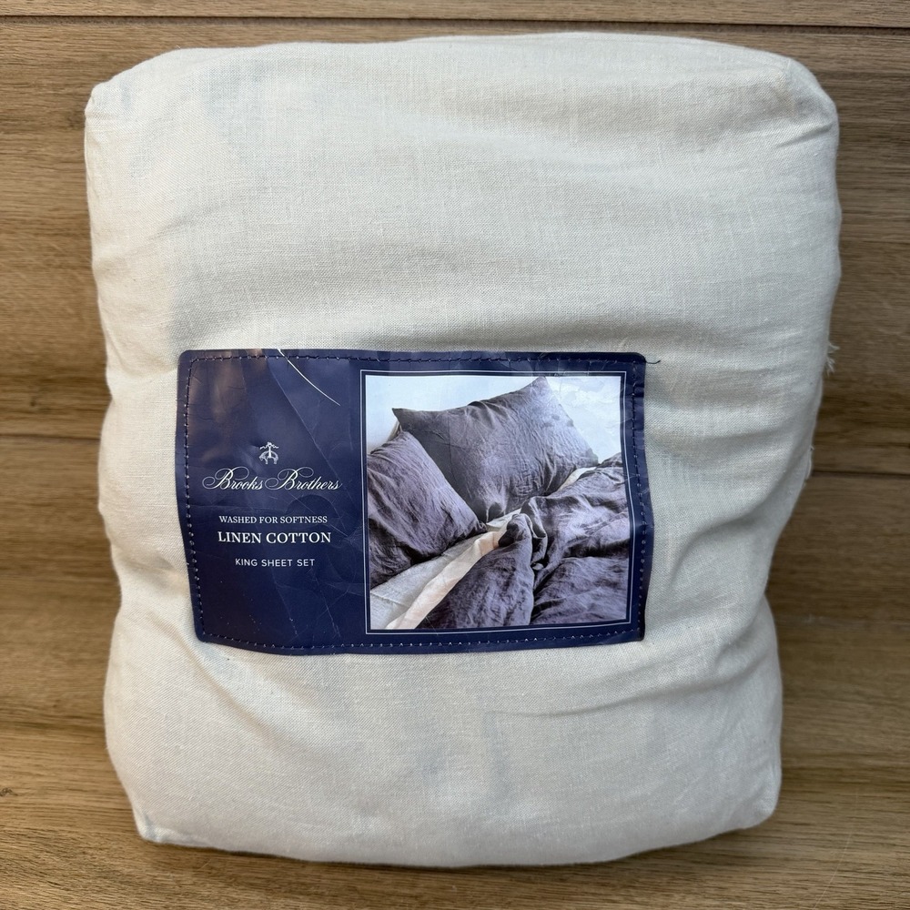 NEW Brooks Brothers Linen/Cotton Blend KING Size Sheet Set Washed for Softness